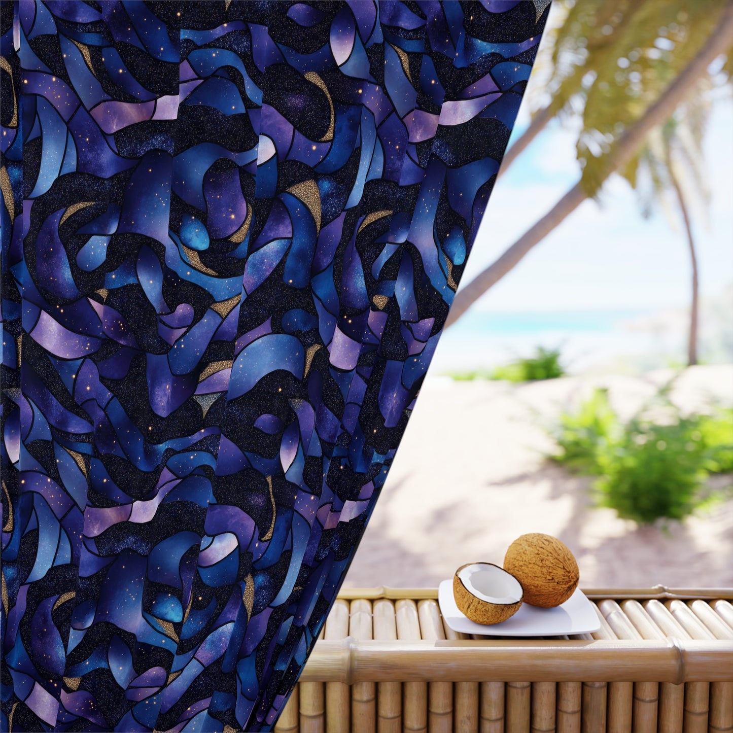 Cosmic Wave Pattern Window Curtain - 1 Piece, Stylish Home Decor, Dark Blue and Purple Design