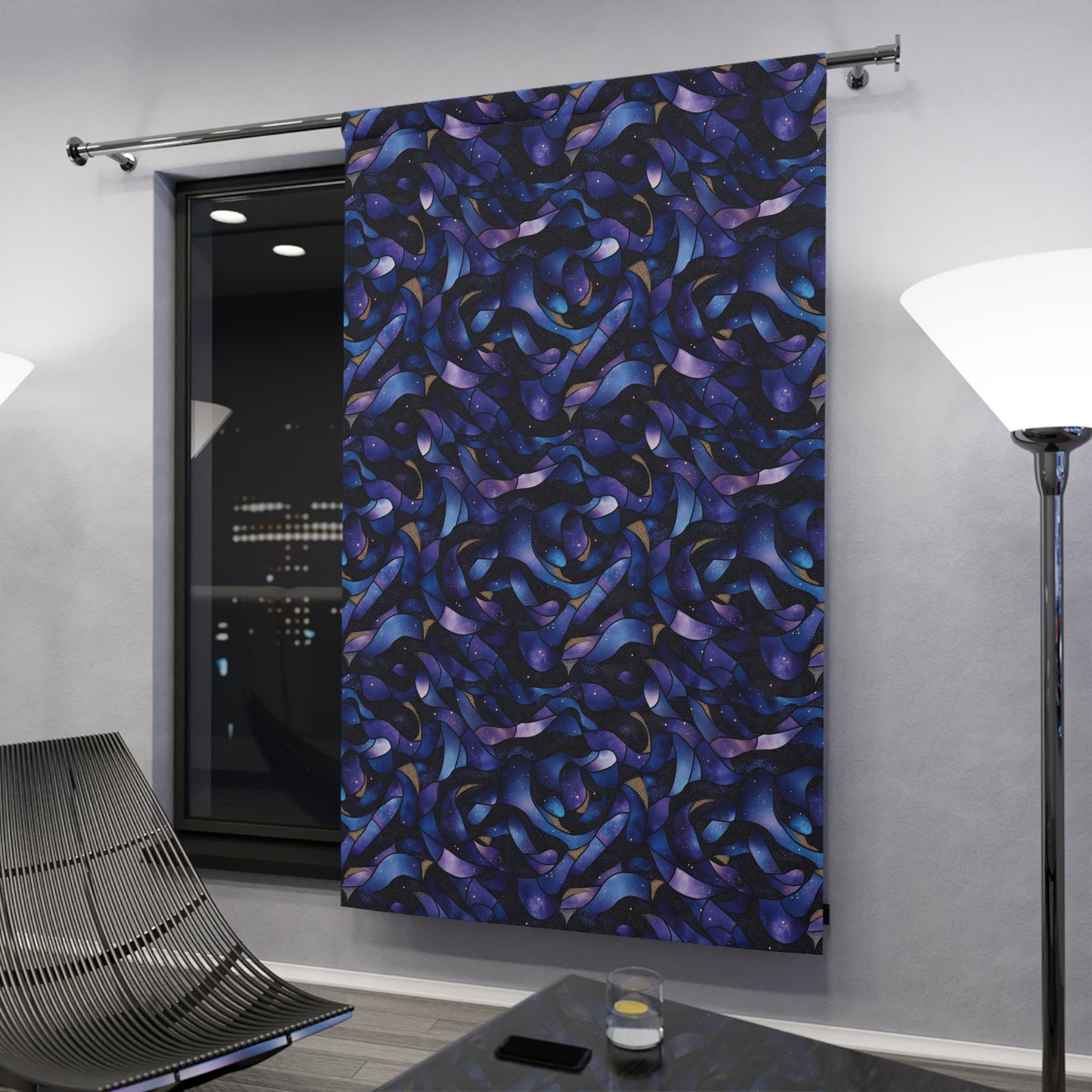 Cosmic Wave Pattern Window Curtain - 1 Piece, Stylish Home Decor, Dark Blue and Purple Design